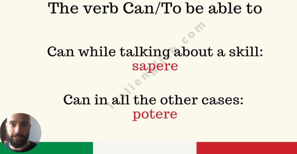 screenshot taken by the course. It's a lesson about modal verbs potere and sapere in Italian