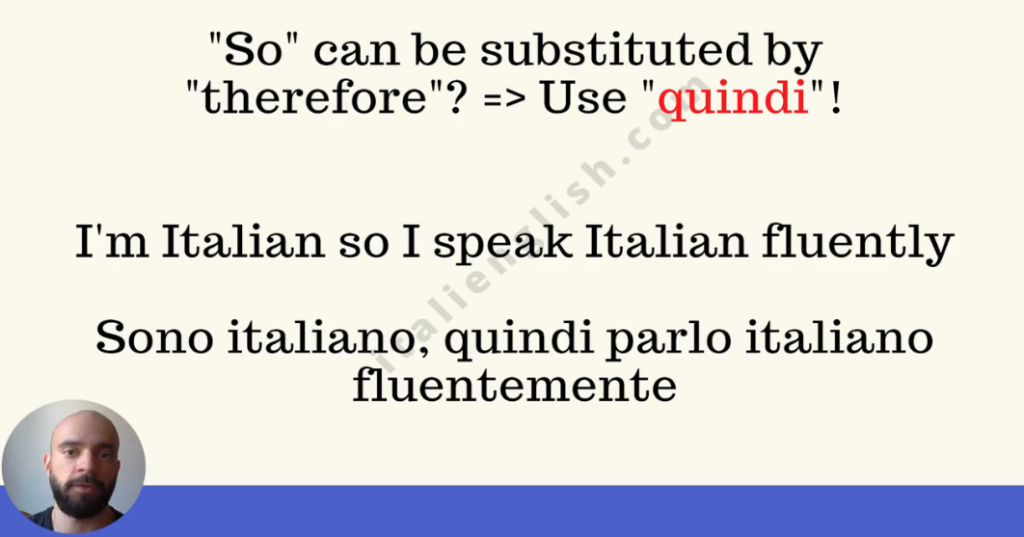 screenshot from an italian language video course. Its' about "so" and its translations, "quindi" and "così".
