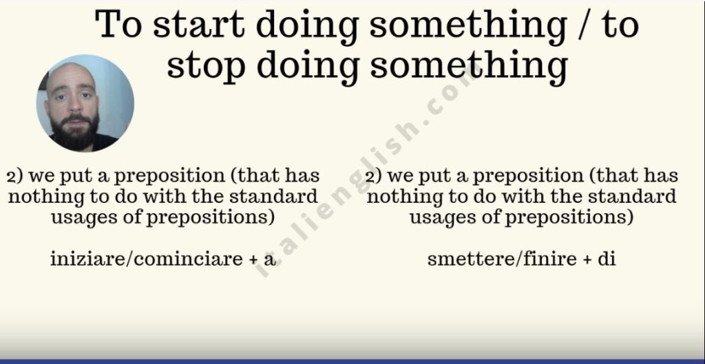 screenshot taken from a video of mine about the italian verbs "iniziare a" and "finire di"/"smettere di", which translate "to start doing something" and "to stop doing something"