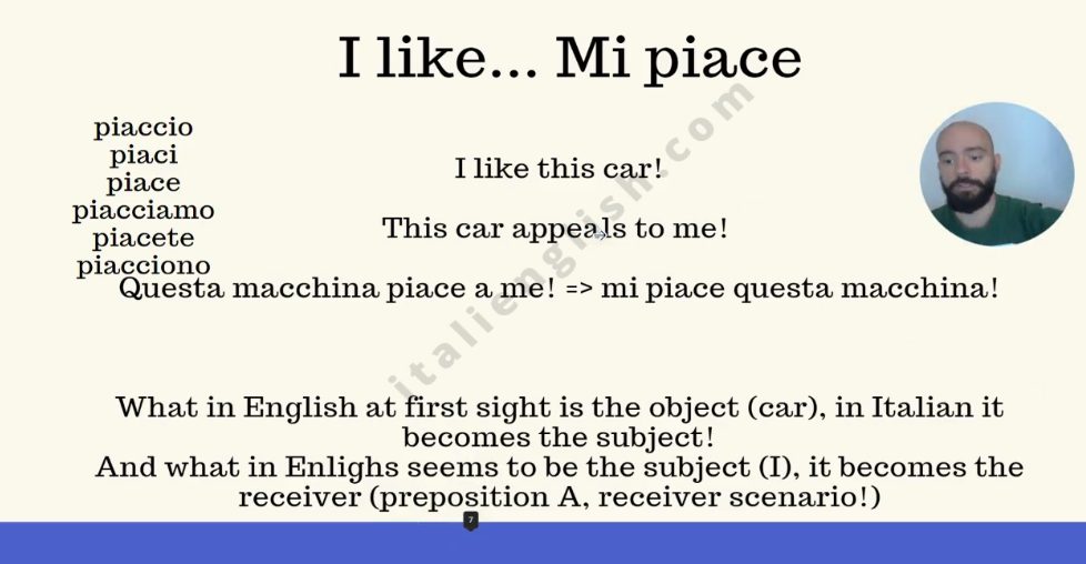 screenshot from the video about the Italian "mi piace" structure, used to expressed the verb to like in italian