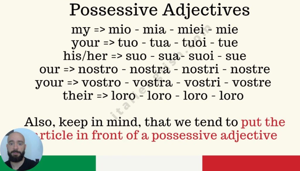 screenshot taken by a video from my media library. It's about italian possessive adjectives: their variants depending on gender and number. Perfect for english speakers that want to learn Italian