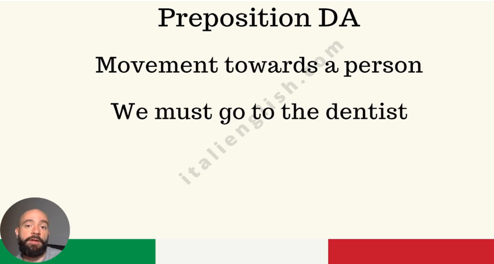 screenshot taken from the video-course. It's about the preposition da in italian. The course is for enligh speakers only.